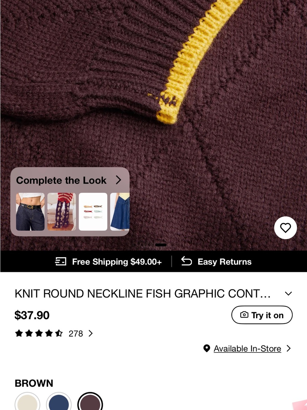 Cider Brown Crewneck Sweater with Yellow Fish and Blue Accent - Picture 4 of 5